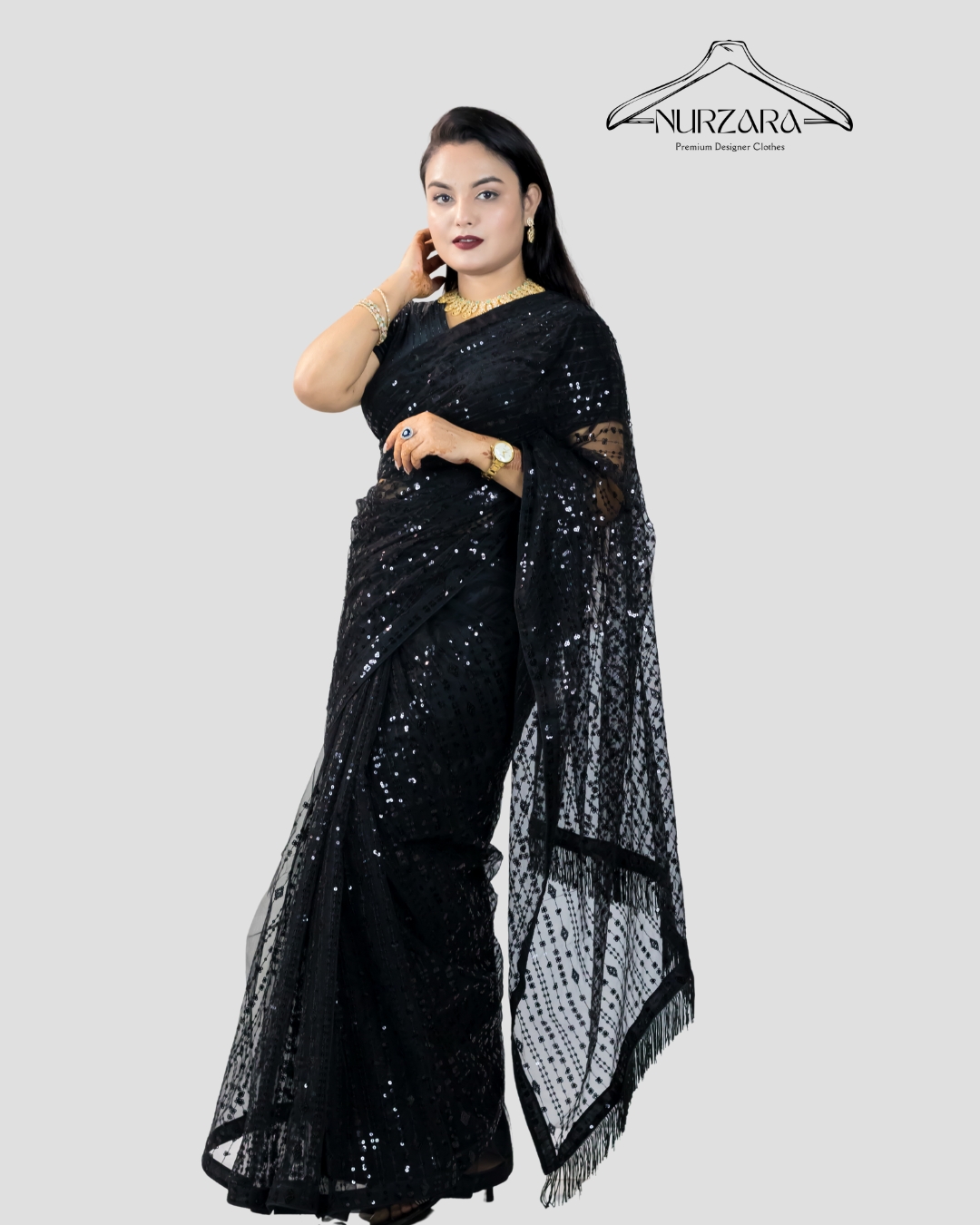 Black sequinned embroidered net saree with unstitched blouse piece