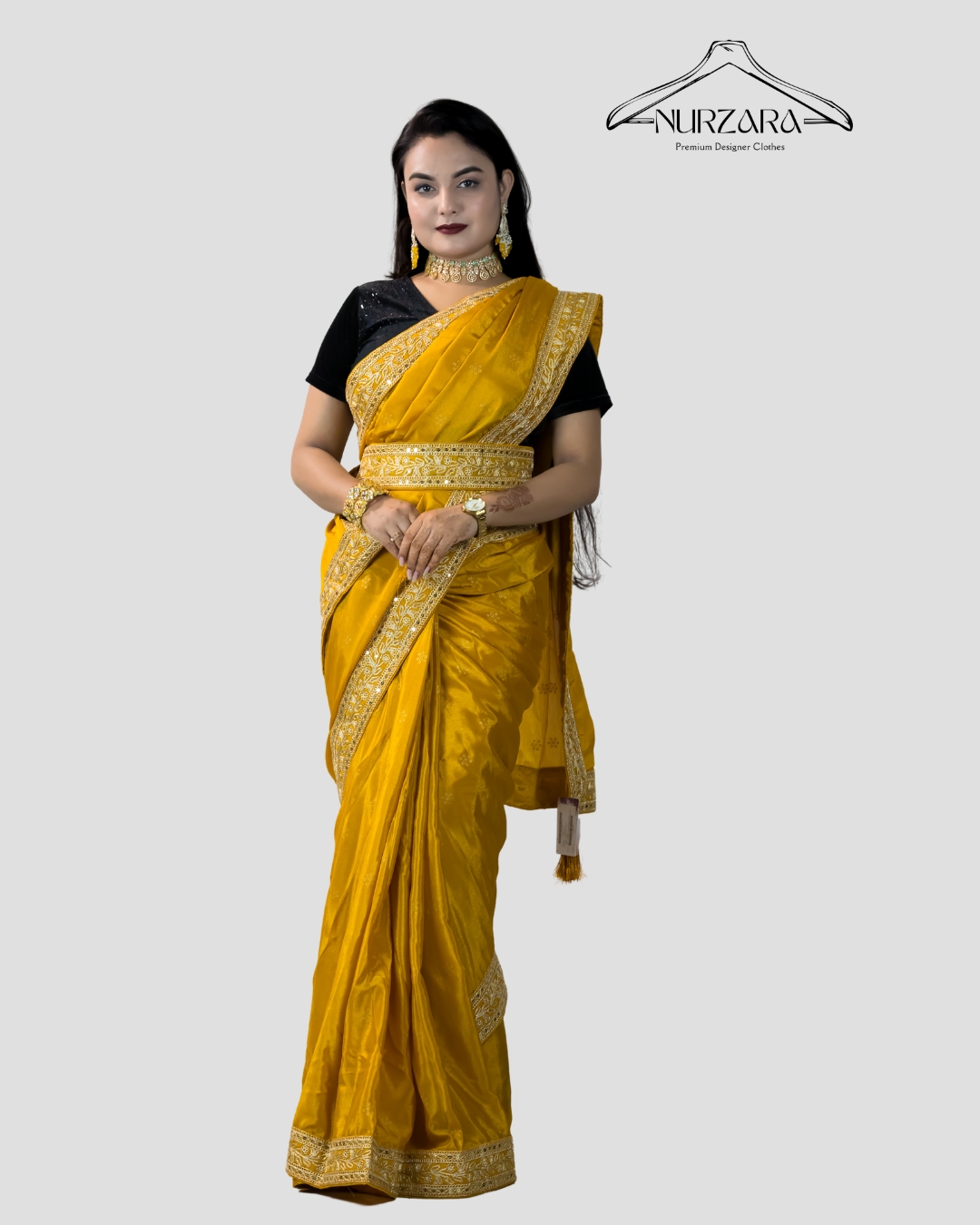 Yellow and gold-toned floral embroidered saree with unstitched blouse piece